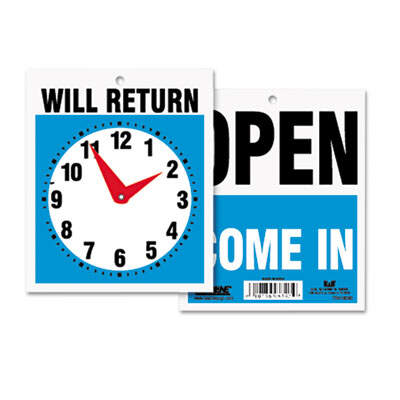 U. S. Stamp &  Sign 9382 Headline Sign Double-Sided Open/Will Return Sign with Clock Hands