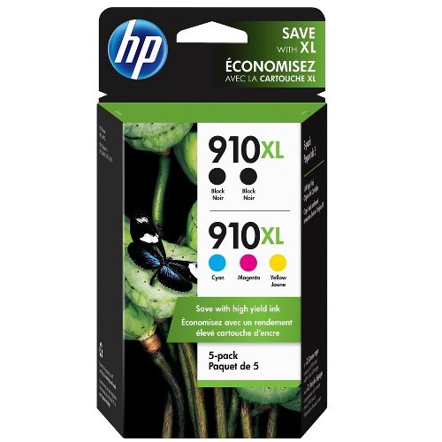 HP 910XL Black/Cyan/Magenta/Yellow High Yield Ink Cartridges, 5/Pack (6ZA58AN)