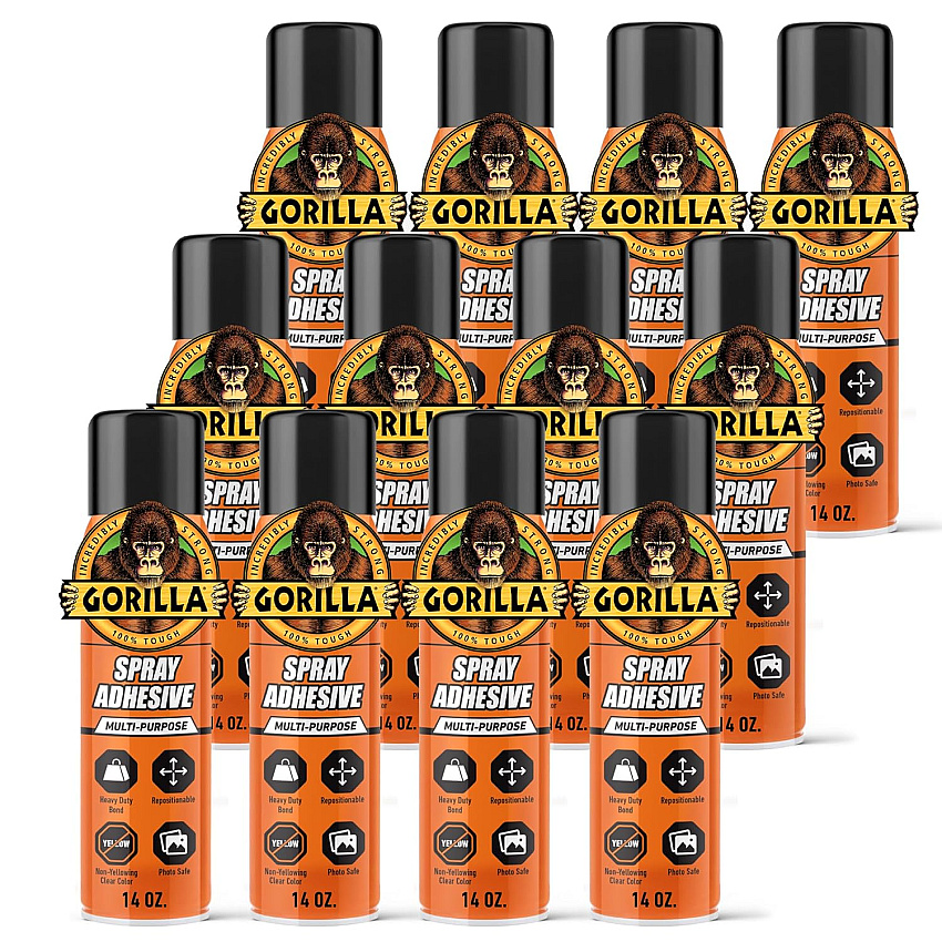 Gorilla Heavy Duty Spray Adhesive, Clear Glue, 14 Ounce (Pack of 12) - All Purpose with Comfort Nozzle for Indoor or Outdoor