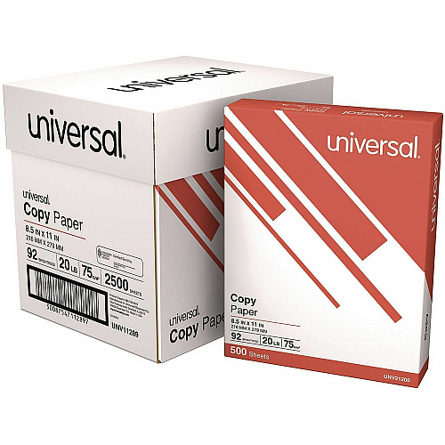 Universal Copy Paper 92 Brightness - Letter - 8 1/2" x 11" - 20 lb Basis Weight - White - 2500 Sheets - 500 Sheets per Ream - 5 Ream per Case - 80 Cases, 1 Pallet