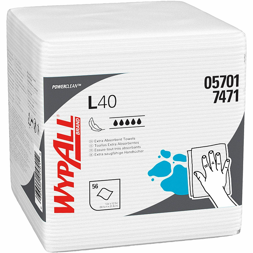 Wypall PowerClean L40 Extra Absorbent Towels, 56/Box, 18 Packs/Carton, 40 Cartons/Pallet, 720 Total Packs