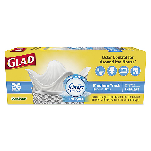 Glad OdorShield Medium Quick-Tie Trash Bags, 8 gal, 0.57 mil, 21.63 - 6 Pack