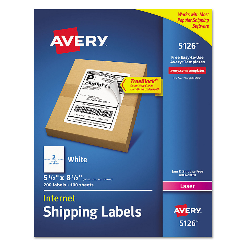 Avery Shipping Labels w/ TrueBlock Technology, Laser Printers, 5.5 x 8.5, White, 2/Sheet, 100 Sheets/Box (5126) - 5 Pack