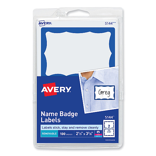 Avery Printable Adhesive Name Badges, 3.38 x 2.33, Blue Border, 100/Pack (5144) - 18 Pack