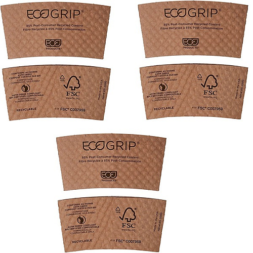 Eco-Products EcoGrip Hot Cup Sleeves - Renewable and Compostable, Fits 12, 16, 20, 24 oz Cups, Kraft, 1,300/Carton (EG2000) - 3 Pack