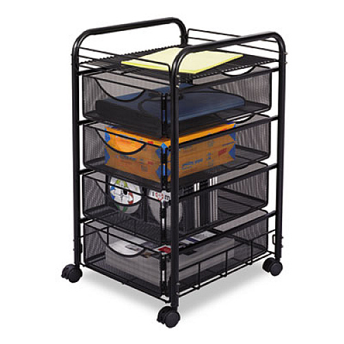 Onyx Mesh Mobile File With Four Supply Drawers, Metal, 1 Shelf, 4 Drawers, 15.75" X 17" X 27", Black