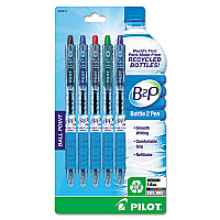 Pilot B2P Bottle-2-Pen Recycled Ballpoint Pen, Retractable, Medium 1 mm, Assorted Ink Colors, Translucent Blue Barrel, 5/Pack (32814)