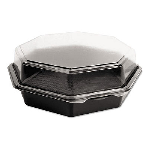 OctaView Hinged-Lid Cold Food Containers, 42 oz, 9.57 x 9.2 x 3.2, Black/Clear, Plastic, 100/Carton