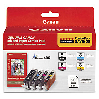 Canon 0628B027 (PGI-5/CLI-8) ChromaLife100+ Ink/Paper Combo, Black/Cyan/Magenta/Yellow