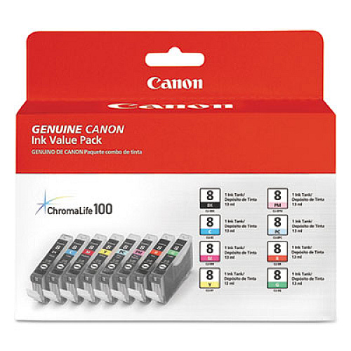Canon 0620B015 (CLI-8) ChromaLife100+ Ink, Black/Cyan/Green/Magenta/Photo Cyan/Photo Magenta/Red/Yellow, 8/Pack