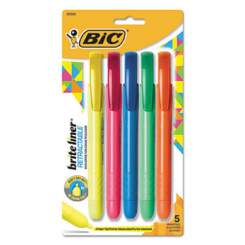 BIC Brite Liner Retractable Highlighter, Assorted Ink Colors, Chisel Tip, Assorted Barrel Colors, 5/Set (BLRP51ASST)