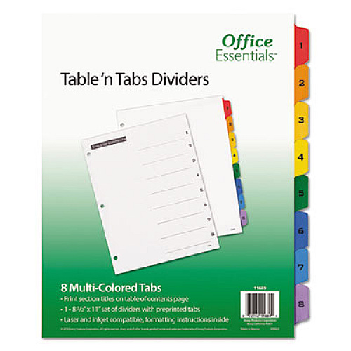 Office Essentials Table 'n Tabs Dividers, 8-Tab, 1 to 8, 11 x 8.5, White, Assorted Tabs, 1 Set (11669)