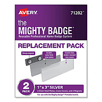 Avery The Mighty Badge Name Badge Holders, Horizontal, 3 x 1, Silver, 2/Pack Silver - 2 / Pack (71202)