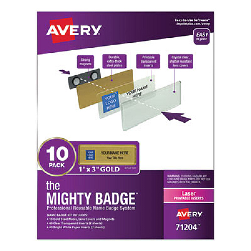 Avery The Mighty Badge Name Badge Holder Kit, Horizontal, 3 x 1, Laser, Gold, 10 Holders/ 80 Inserts Plastic - Gold - 10 / Pack (71204)
