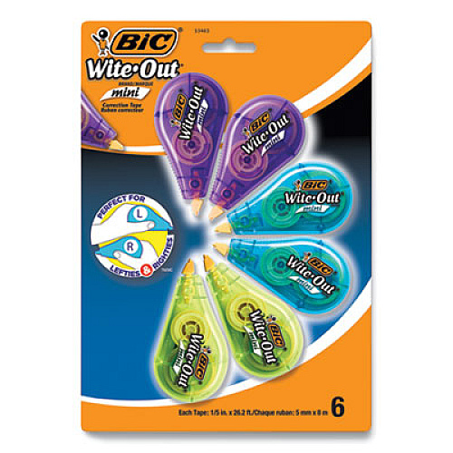 BIC Wite-Out Brand Mini Correction Tape, Non-Refillable, Blue/Purple/Yellow Applicators, 0.2" x 314.4", 6/Pack (WOTMP61WHI)