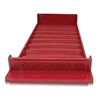 CONTROLTEK Stackable Plastic Coin Tray, Pennies, 10 Compartments, Denomination and Capacity Etched On Side, Stackable, 10 x 5, Red (560560EA)