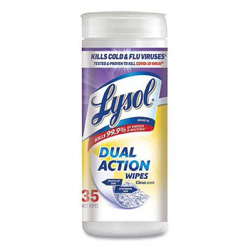 Lysol&reg; Dual Action Disinfecting Wipes, Citrus, 35 Wipes, 12 Canisters For Multi Surface - Citrus Scent - Recommended For: Stain Remover - White/Purple - 35/Tub - 12 / Carton (81143CT)
