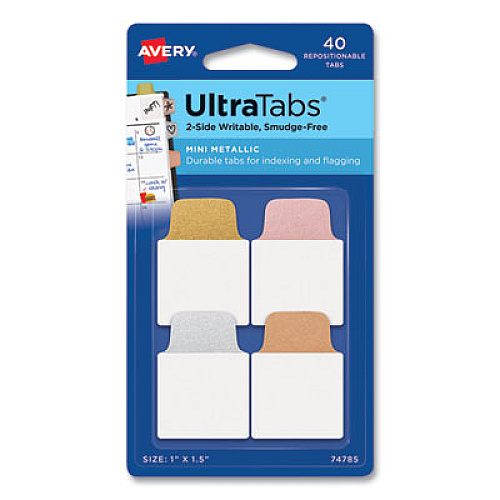 Avery Ultra Tabs Repositionable Tabs, Mini Tabs: 1" x 1.5", 1/5-Cut, Assorted Metallic Colors, 1" Wide, 40/Pack 40 Tab(s) - 1.50" Tab Height x 1" Tab Width - Clear Film, Gold Paper, Rose Gold, Copper Tab(s) - 40 / Pack (74785)