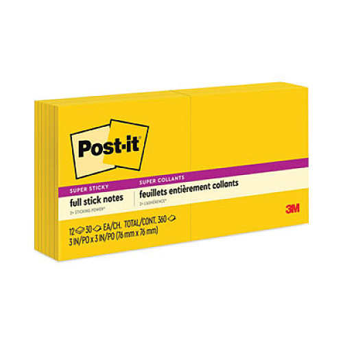 Post-it Full Stick Notes, 3" x 3", Electric Yellow, 25 Sheets/Pad, 12 Pads/Pack (F33012SSY)