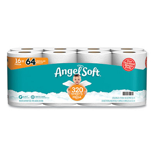 Angel Soft&reg; Mega Toilet Paper, Septic Safe, 2-Ply, White, 320 Sheets/Roll, 16 Rolls/Pack (7942301)