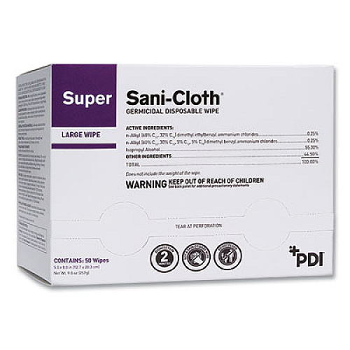 Super Sani-Cloth Individually Wrapped Germicidal Disposable Wipes, Large, 1-Ply, 5 x 8, Unscented, White, 50/Pack (H04082)