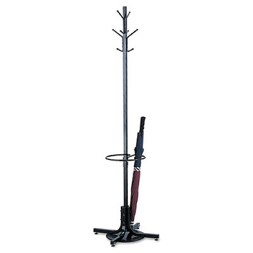 Metal Costumer with Umbrella Holder, Four Ball-Tipped Double-Hooks, 21w x 21d x 70h, Black