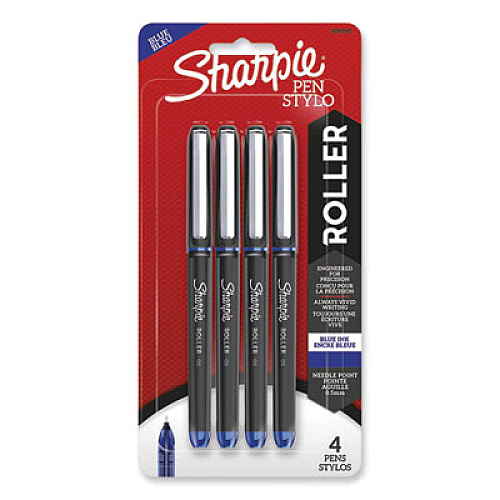 Sharpie Professional Design Roller Ball Pen, Stick, Fine 0.5 mm, Blue Ink, Black/Blue Barrel, 4/Pack (2093197)