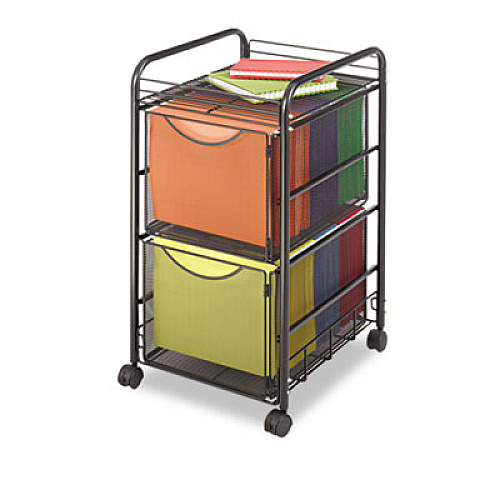 Onyx Mesh Mobile Double File, Metal, 1 Shelf, 2 Drawers, 15.75" x 17" x 27", Black