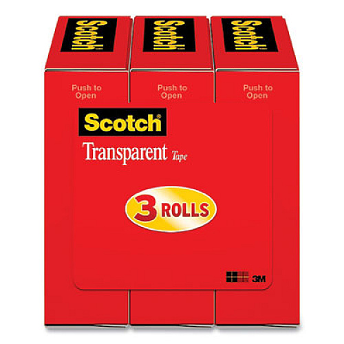 Scotch Transparent Tape, 1" Core, 0.75" x 27.77 yds, Crystal Clear, 3/Pack (600K3)