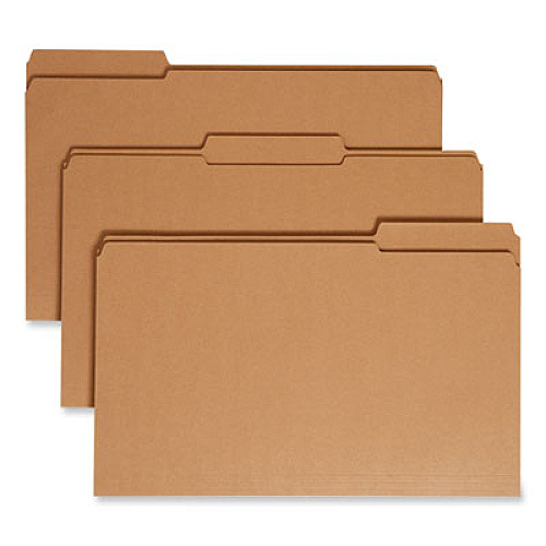 Smead Heavyweight Kraft File Folder, 1/3-Cut Tabs: Assorted, Legal Size, 0.75" Expansion, 11-pt Kraft, Brown, 100/Box 8 1/2" x 14" - 3/4" Expansion - Assorted Tab Position - 11 pt. - 2 Plys - Kraft - Reinforced - 10% Recycled - 100 / Box (15734)