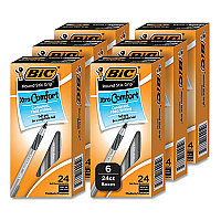 BIC Round Stic Grip Xtra Comfort Ballpoint Pen, Medium 1 mm, Black Ink, Gray/Black, 24/Box, 6 Boxes/Pack (GSMG144EBLK)