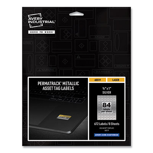 Avery PermaTrack Metallic Asset Tag Labels, Laser Printers, 0.5 x 1, Silver, 84/Sheet, 8 Sheets/Pack Waterproof - 1/2" Width x 1" Length - Permanent Adhesive - Rectangle - Laser - Glossy - Silver - Film - PVC-free, Print-to-the Edge, Permanent Adh (60519)