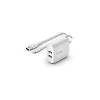 Belkin BOOST CHARGE Dual USB-A Wall Charger + Lightning to USB-A Cable, White (WCD001DQ1MWH)