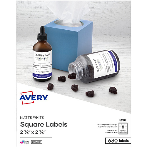 Avery&reg; 3-1/2" Diskette Labels 2 3/4" Width x 2 3/4" Length - Permanent Adhesive - Inkjet, Laser - Matte White - Paper - 9 / Sheet - 70 Total Sheets - 630 Total Label(s) - 630 / Box (5196)