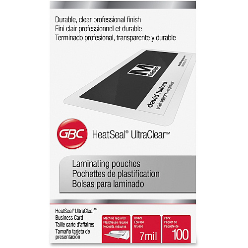 GBC HeatSeal UltraClear Laminating Pouches Laminating Pouch/Sheet Size: 2.18" Width x 3.68" Length x 7 mil Thickness - for Business Card - Clear - 100 / Box (3300371)
