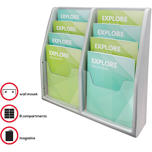 Deflecto Multi-Compartment Literature Display 8 Pocket(s) - 19.75" Height x 20.25" Width x 5" Depth - Desktop - Durable, Lightweight - Gray - Plastic - 1 Each (52209)