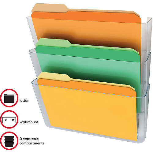 Deflecto Stackable DocuPocket for Partition Walls 3 Pocket(s) - 3 Compartment(s) - 7" Height x 13" Width x 4" Depth - Stackable - Clear - 3 / Set (73601RT)