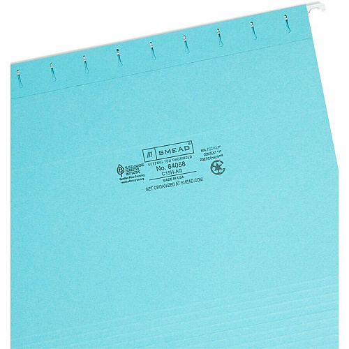 Smead Colored 1/5 Tab Cut Letter Recycled Hanging Folder 8 1/2" x 11" - Top Tab Location - Assorted Tab Position - 11 pt. - Aqua - 10% Recycled - 25 / Box (64058)