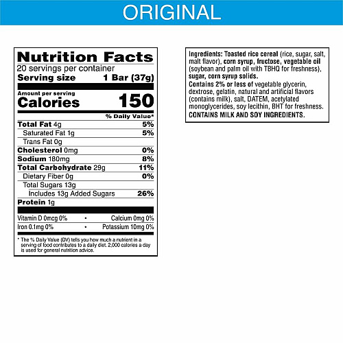Rice Krispies Treats Original Squares Individually Wrapped - Rice - 1 - 20 / Box (26547)