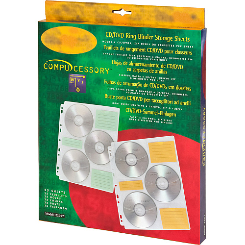 Compucessory CD/DVD Ring Binder Storage Pages 6 x CD/DVD Capacity - 9 x Holes - Ring Binder - Clear - Polypropylene - 25 / Pack (22297)