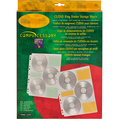 Compucessory CD/DVD Ring Binder Storage Pages 6 x CD/DVD Capacity - 9 x Holes - Ring Binder - Clear - Polypropylene - 25 / Pack (22297)