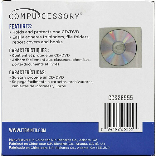 Compucessory Self-Adhesive Poly CD/DVD Holders 1 x CD/DVD Capacity - White - Polypropylene - 50 / Pack (26555)