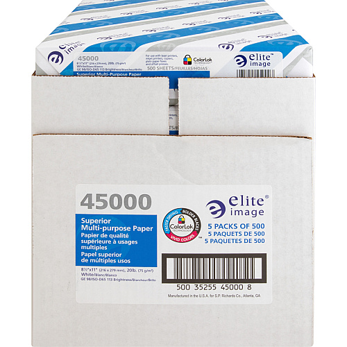 Elite Image Multipurpose Paper 98 Brightness - Letter - 8 1/2" x 11" - 20 lb Basis Weight - Sustainable Forestry Initiative (SFI) - White - 500/Pack - 5 / Carton (45000)