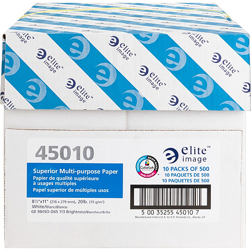 Elite Image Multipurpose Paper 98 Brightness - Letter - 8 1/2" x 11" - 20 lb Basis Weight - Sustainable Forestry Initiative (SFI) - Bright White - 500/Pack - 10 / Carton (45010)