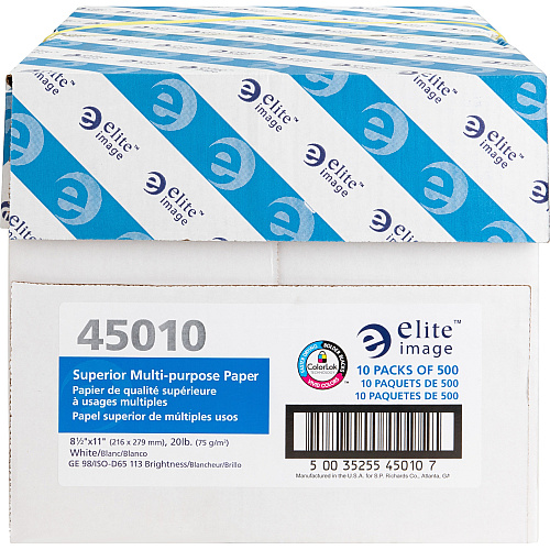 Elite Image Multipurpose Paper 98 Brightness - Letter - 8 1/2" x 11" - 20 lb Basis Weight - Sustainable Forestry Initiative (SFI) - Bright White - 500/Pack - 10 / Carton (45010)