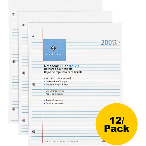 Sparco Notebook Filler Paper - Letter 200 Sheets - Ruled Red Margin - 16 lb Basis Weight - Letter - 8 1/2" x 11" Sheet Size - White Paper - Subject - 200 / Pack (82120)