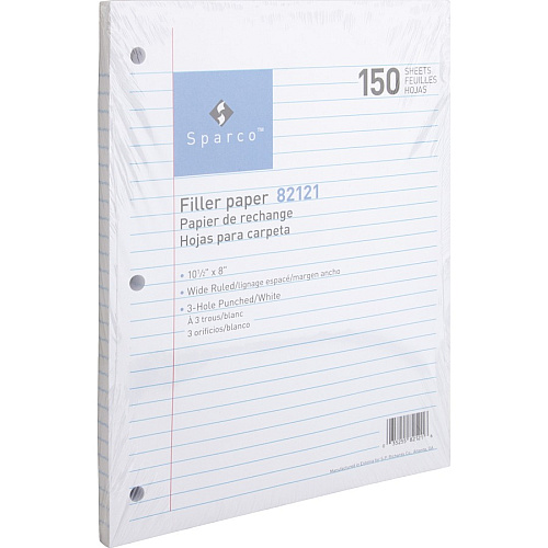 Sparco 3HP Filler Paper 150 Sheets - Wide Ruled Front Ruling - 16 lb Basis Weight - 8" x 10 1/2" Sheet Size - White Paper - Bleed-free - 150 / Pack (82121)