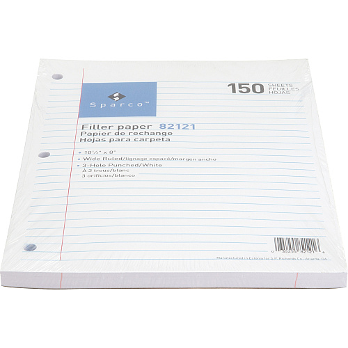 Sparco 3HP Filler Paper 150 Sheets - Wide Ruled Front Ruling - 16 lb Basis Weight - 8" x 10 1/2" Sheet Size - White Paper - Bleed-free - 150 / Pack (82121)