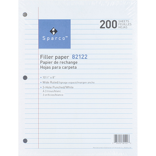 Sparco 3-hole Punched Filler Paper 200 Sheets - Wide Ruled Front Ruling - Ruled Red Margin - 16 lb Basis Weight - 8" x 10 1/2" Sheet Size - White Paper - Bleed-free - 200 / Pack (82122)