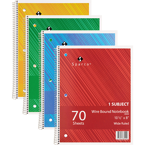 Sparco Quality 3HP Notebook 1 Subject(s) - 70 Sheets - Wire Bound - Wide Ruled Front Ruling - Unruled Margin - 16 lb Basis Weight - 8" x 10 1/2" Sheet Size - Bright White Paper - Assorted Chipboard Cover - Bleed Resistant, Stiff-cover - 1 Each (83250)